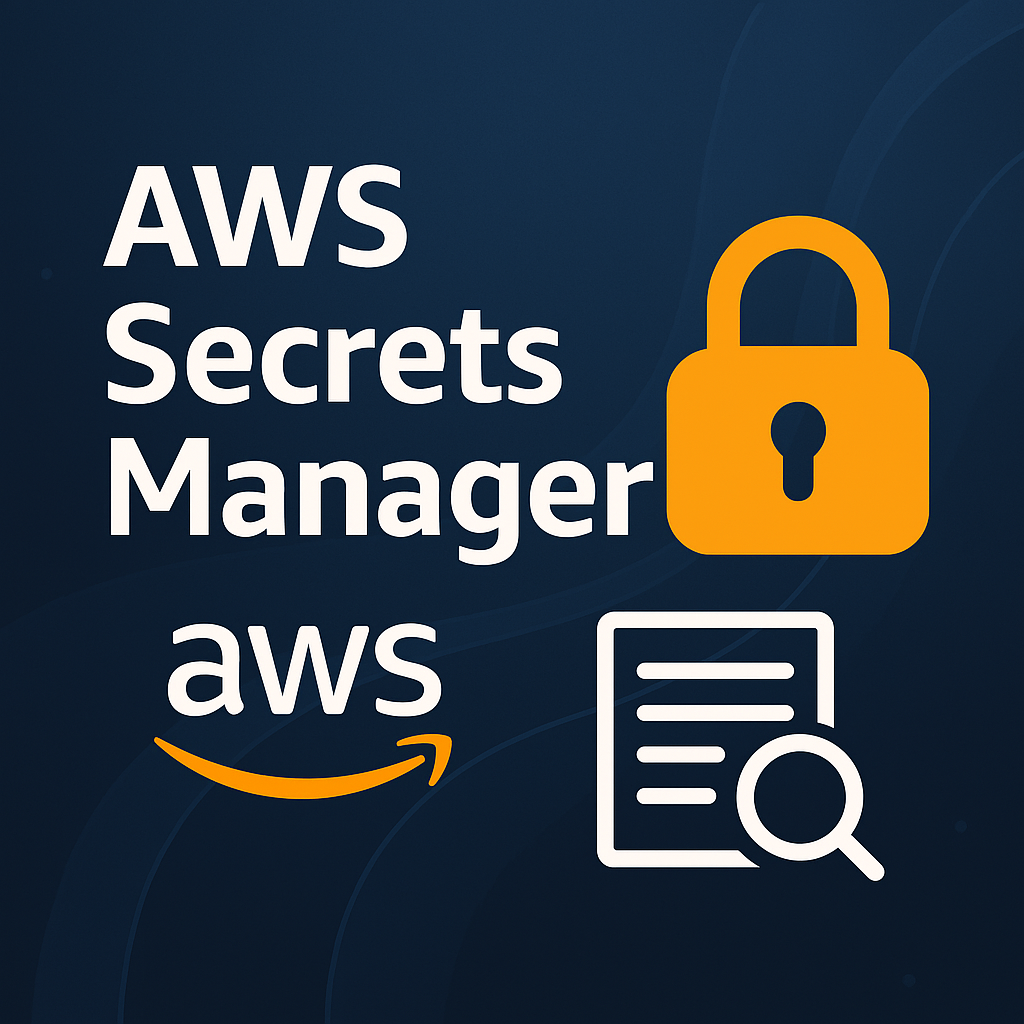 A 2D digital banner with a deep blue gradient background features the bold text "AWS Secrets Manager" in white. An orange padlock icon appears to the right of the text, symbolizing security. Below, the orange AWS logo is placed prominently, alongside a white icon of a document and magnifying glass, representing secret management and search functionality.