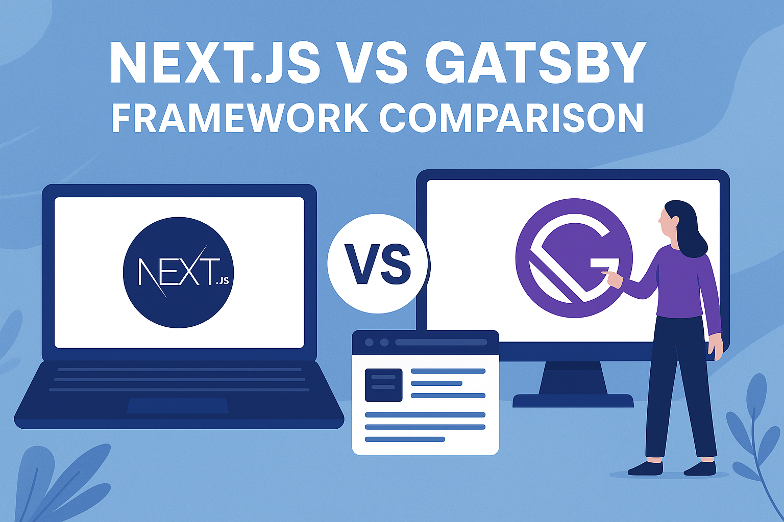 Next.js vs Gatsby 2025 comparison infographic showing performance, SEO, and development workflow differences