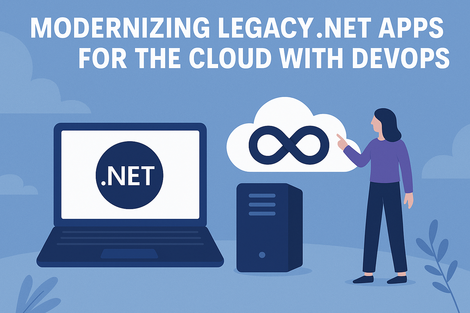 Modernizing legacy .NET applications with DevOps tools and cloud architecture illustration