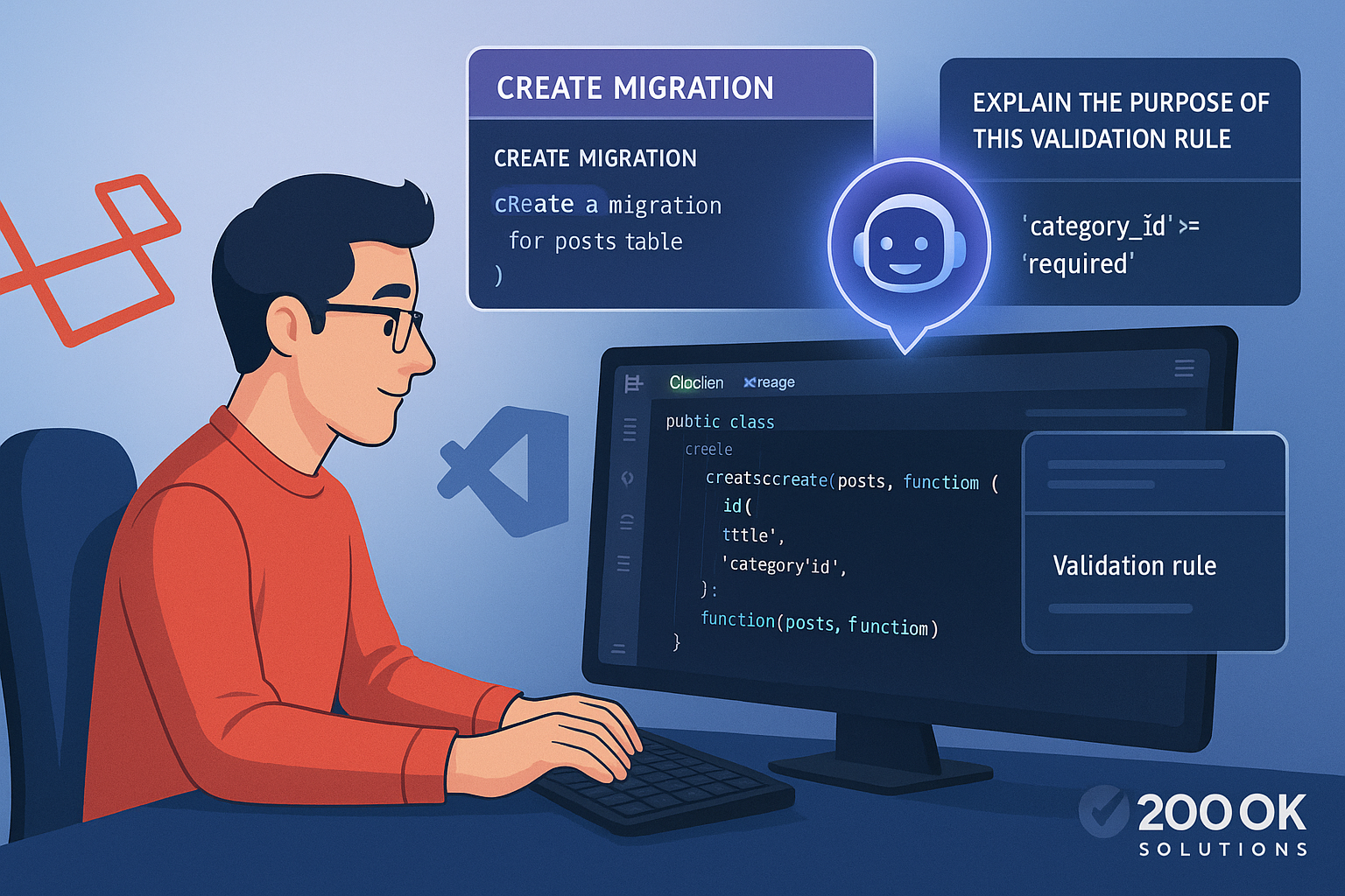 Developer using Laravel Boost AI to automate migrations, validation rules, and code generation for faster Laravel application development.