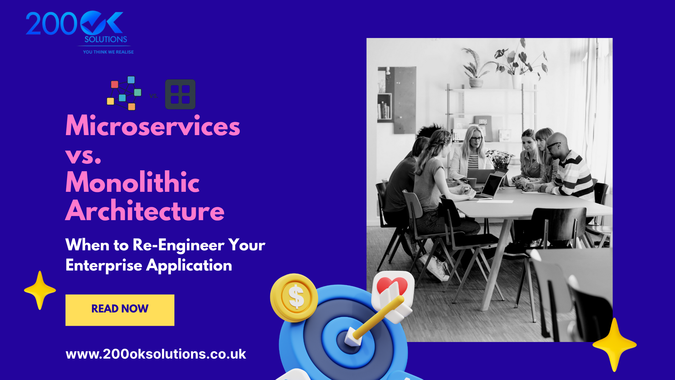 A promotional graphic comparing Microservices and Monolithic Architecture, with a button that says "READ NOW" and the website "www.200oksolutions.co.uk"