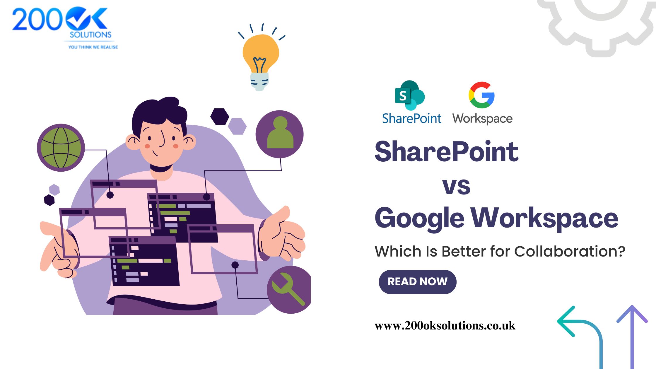 Illustration of a person managing digital tools with SharePoint and Google Workspace logos, highlighting a comparison on which platform is better for collaboration by 200OK Solutions