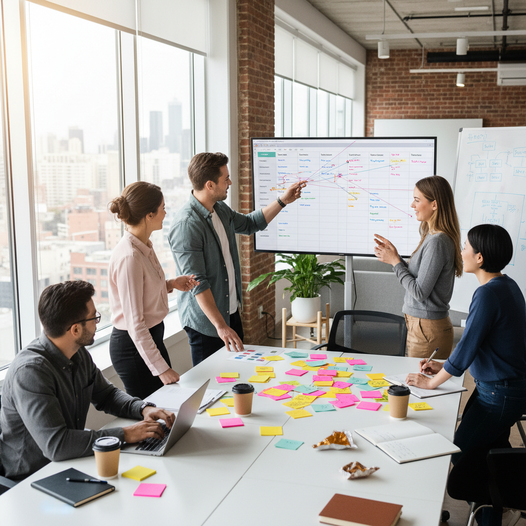 Agile sprint planning meeting with sticky notes and digital kanban board