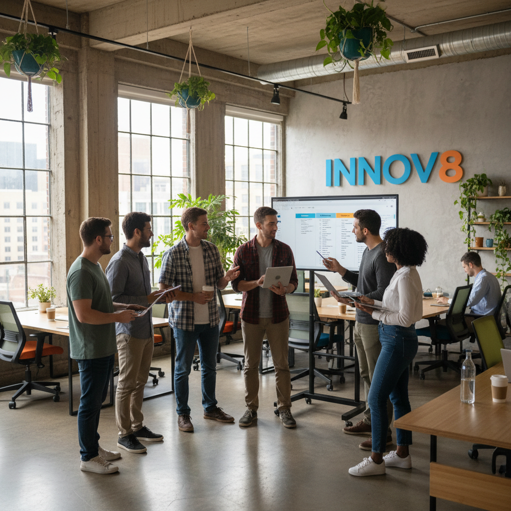 Agile stand-up meeting in a modern startup office, laptops open, team engaged in discussion