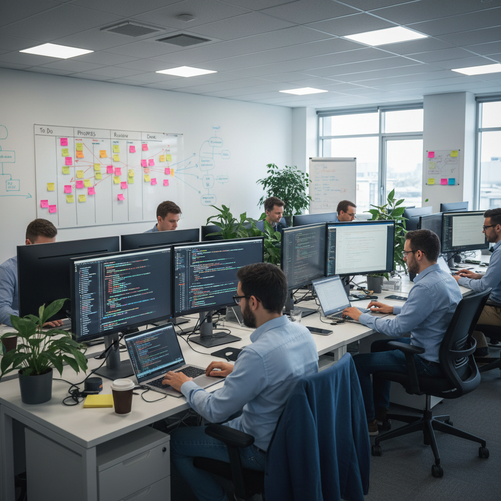 Corporate tech office with developers working on laptops and desktops, code visible on screens, agile board in background, realistic lighting, professional environment