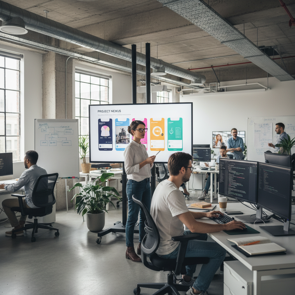 Enterprise IT team collaborating in open office, UI designer reviewing app mockups on large display, backend developer coding, photorealistic, high detail