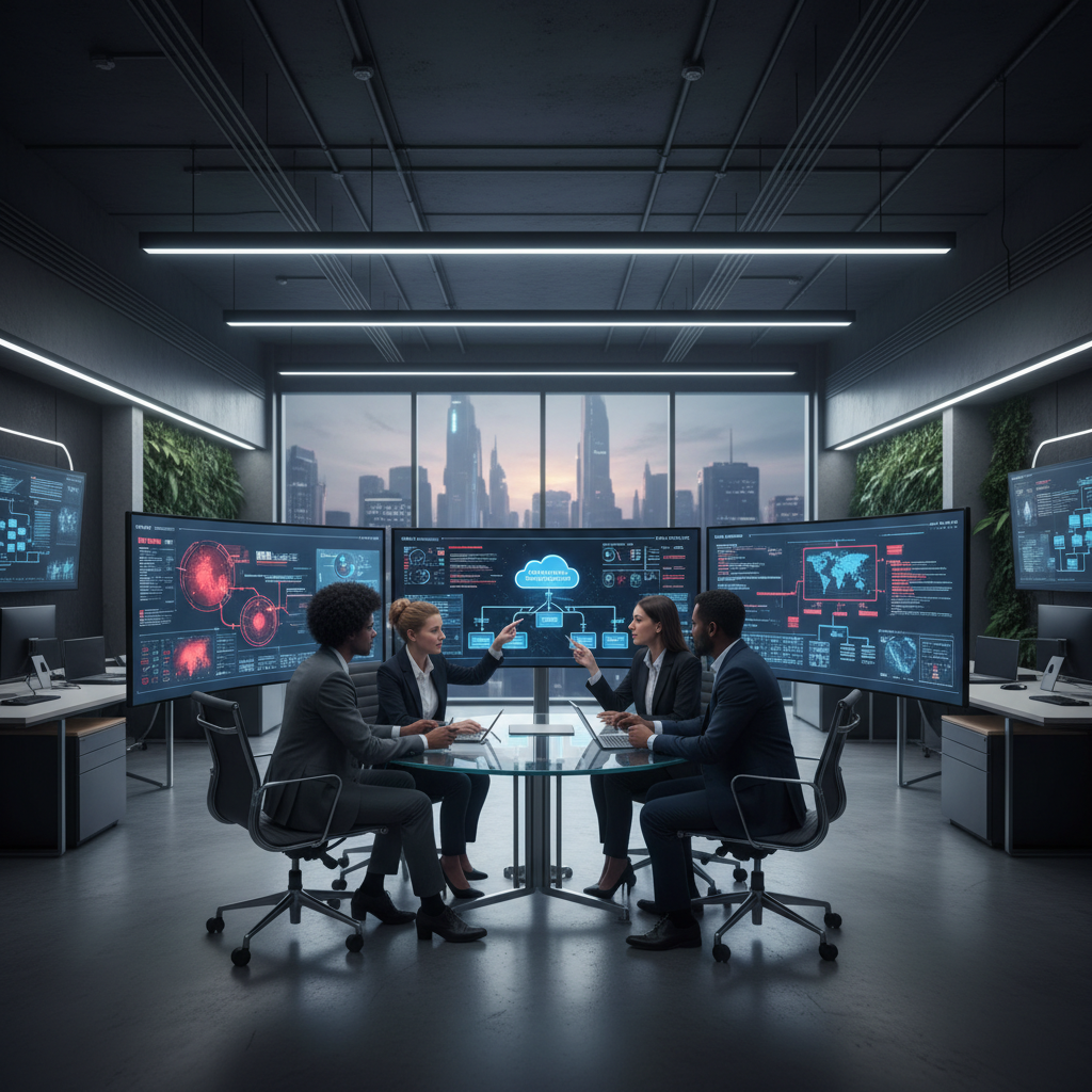 Enterprise IT team in a high-tech office, multiple monitors with cybersecurity dashboards, cloud infrastructure maps, AI automation workflows, business professionals discussing digital transformation strategy, sleek office interior, cinematic lighting, ultra realistic, sharp focus