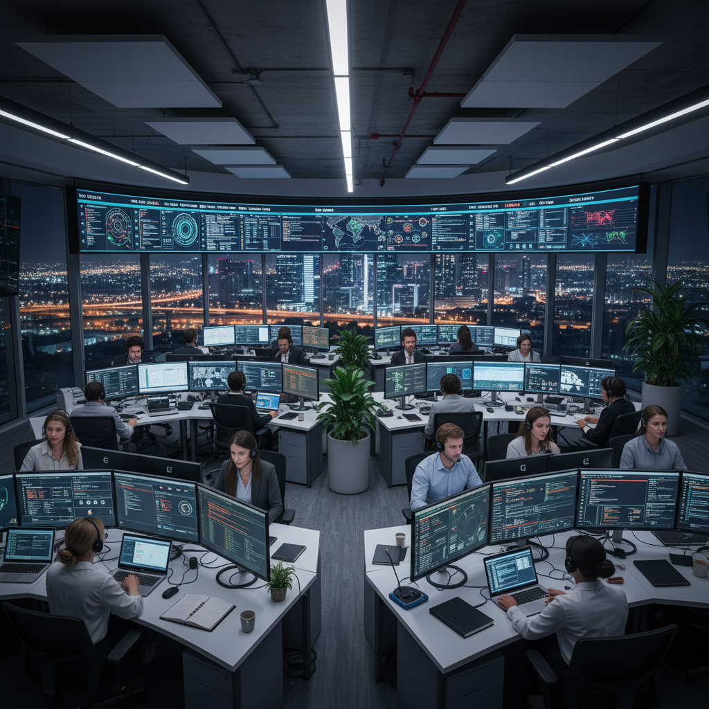 Global IT support team in contemporary office, monitoring systems and assisting clients via laptops and headsets, realistic corporate atmosphere