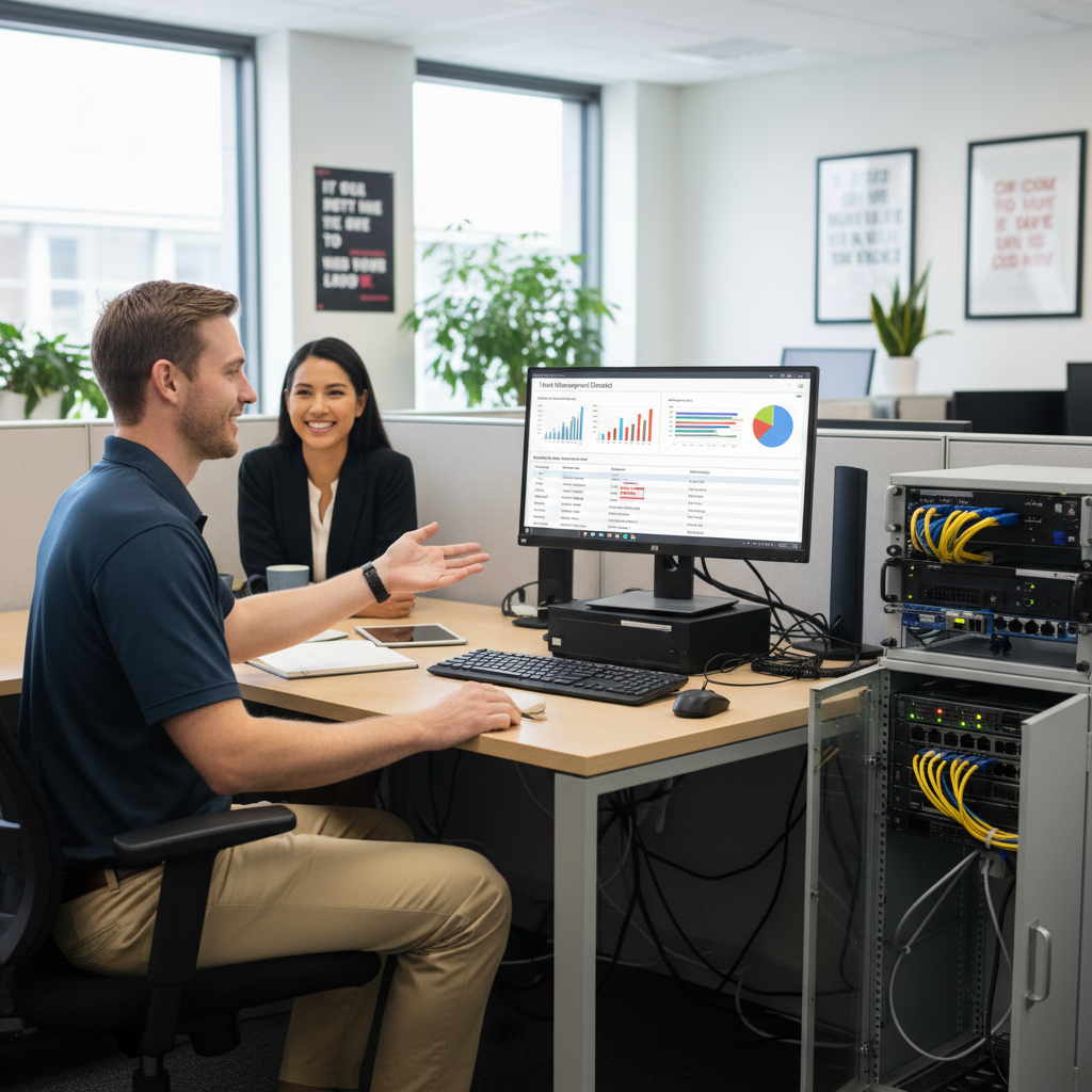 IT helpdesk daily operations, technician assisting employee, ticket dashboard on screen, organized office desk, networking equipment, friendly professional environment, detailed, realistic style.