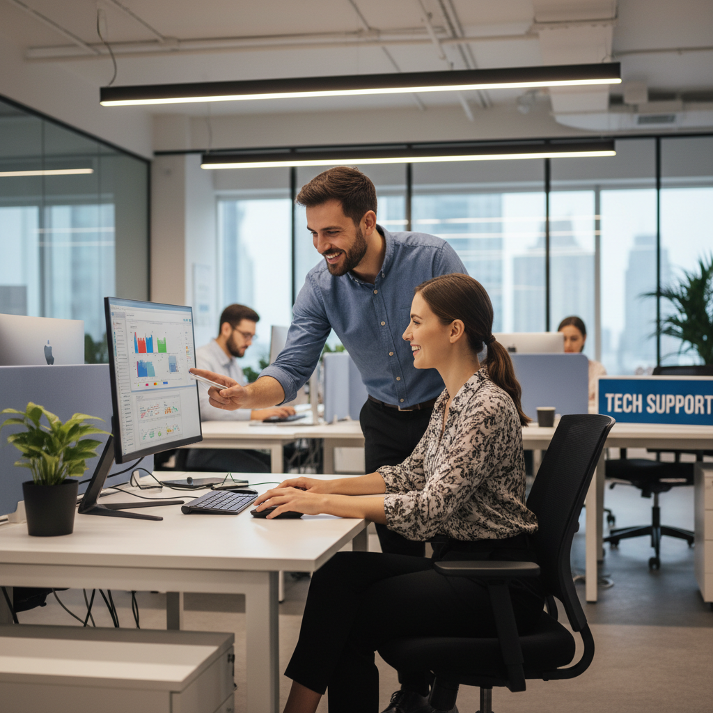 IT helpdesk support scene, technician assisting employee, modern corporate environment, friendly atmosphere.