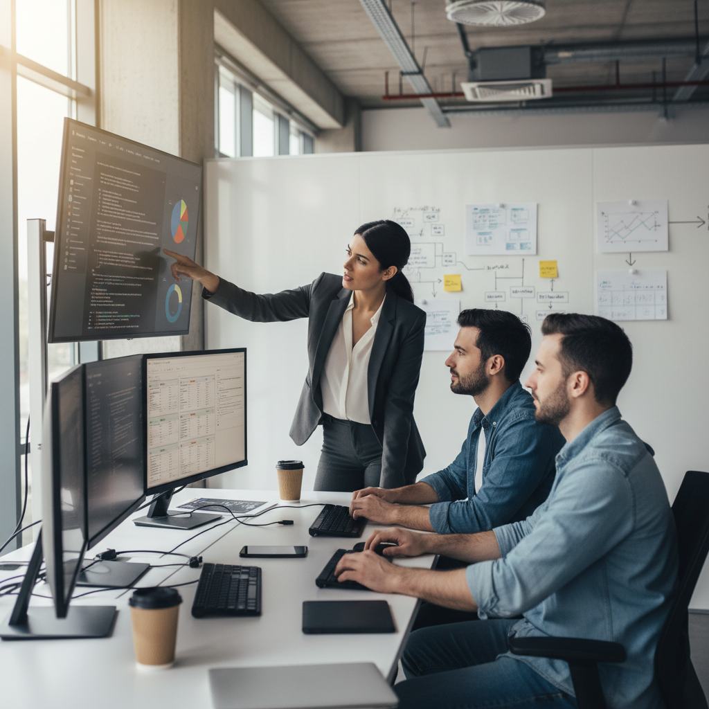 IT project manager and developers collaborating at workstation, code and analytics dashboards on screens, professional environment