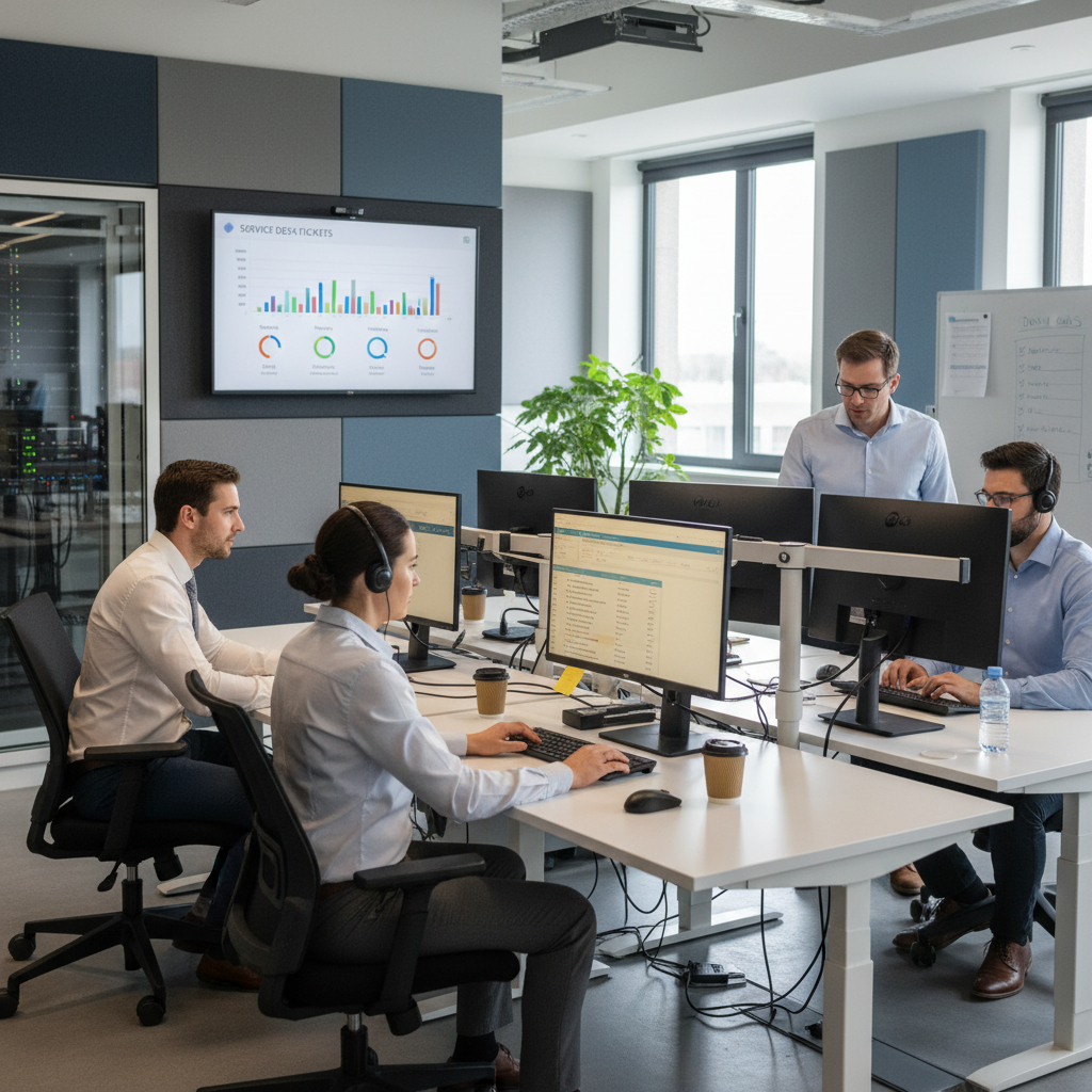 IT support team handling service desk tickets in a professional office environment