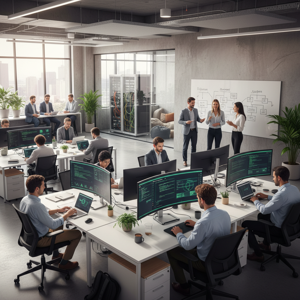 Modern IT office daily activity: employees working on laptops, dual monitors with code dashboards, team discussion near whiteboard, server rack in background, collaborative workspace, natural lighting, professional corporate atmosphere, realistic 4K.