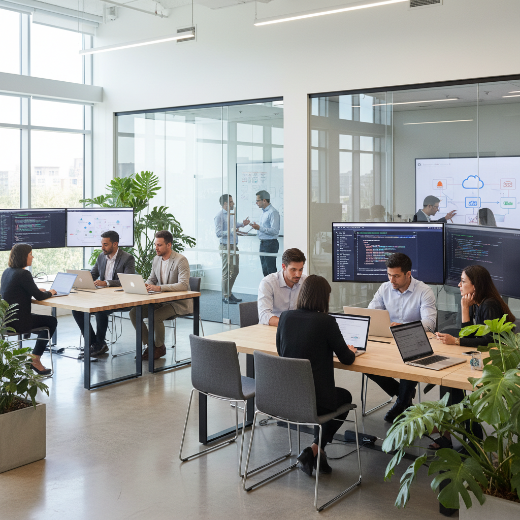 Modern IT office environment with diverse software engineers collaborating around laptops and large monitors, displaying code, dashboards, and cloud architecture diagrams, glass meeting rooms, natural lighting, indoor plants, minimalist interior, professional atmosphere, ultra-realistic, high detail, 4K, corporate photography style