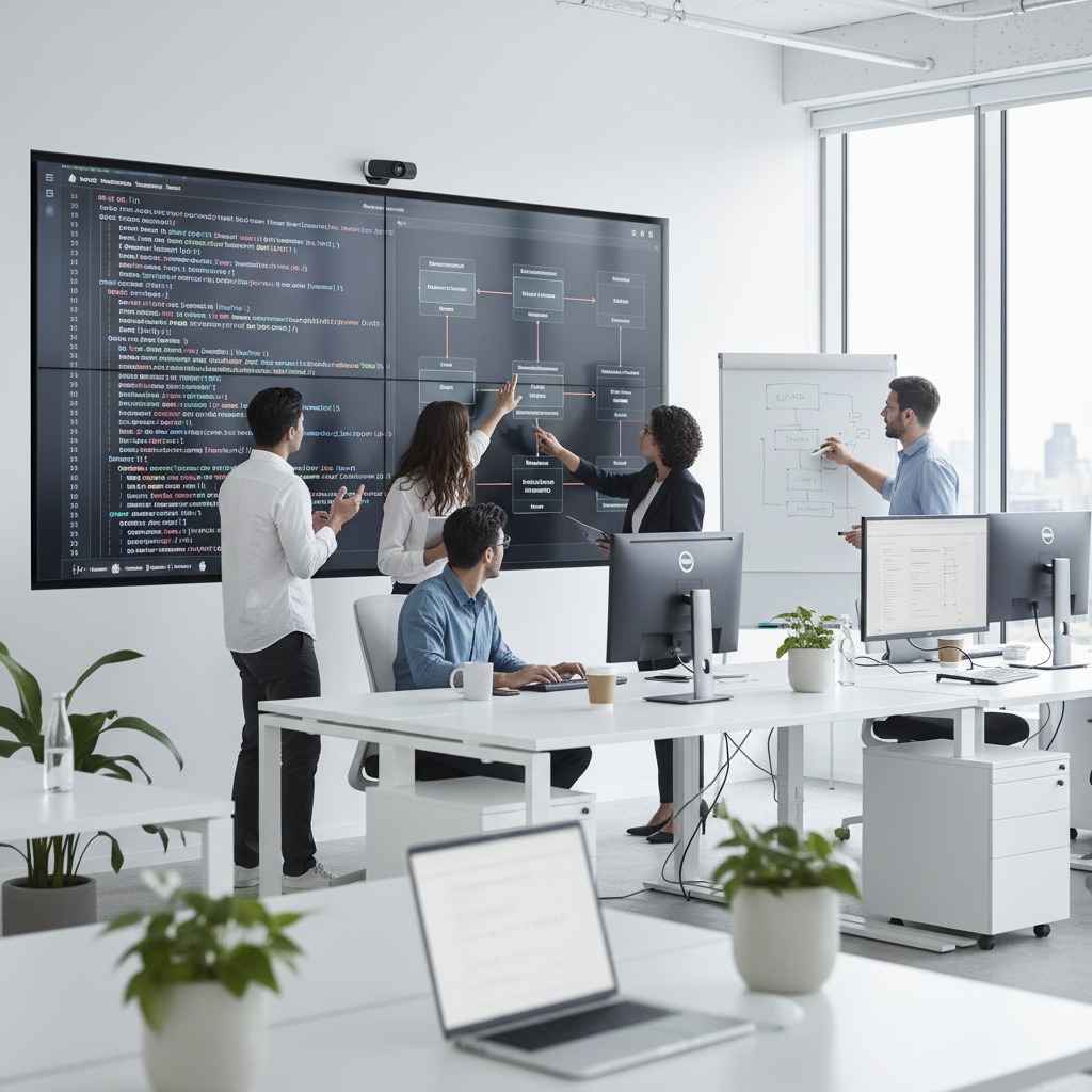Modern IT office team collaborating around a large screen displaying code and architecture diagrams, clean workspace, professional atmosphere
