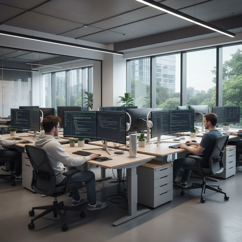 Modern IT office workspace with developers coding on dual monitors, clean desk setup, natural lighting, ultra-realistic, 4K