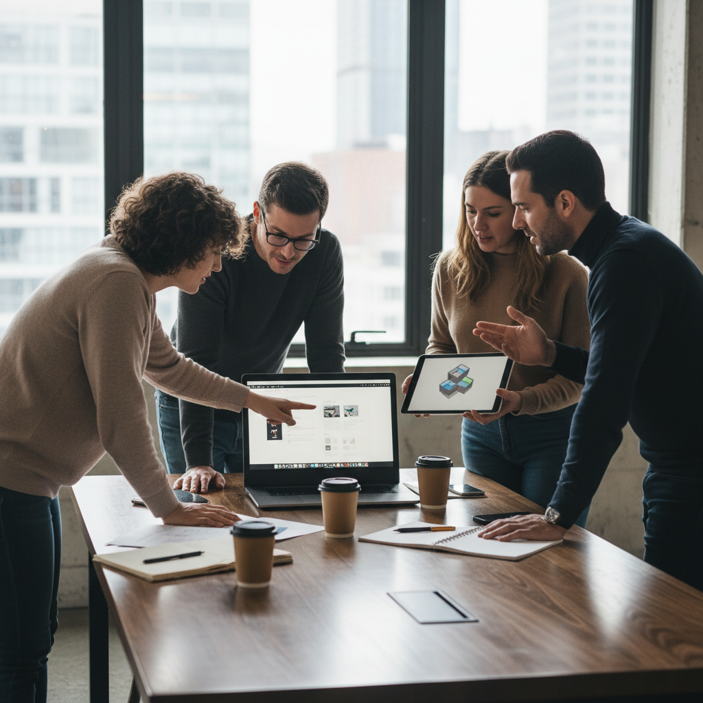 Product development team reviewing prototype on laptop and tablet, modern workspace, authentic candid photography style