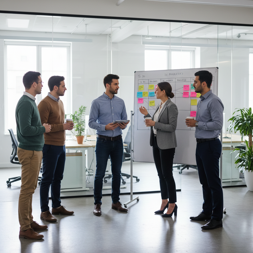 Realistic agile stand-up meeting in tech office, team standing in circle, project manager holding tablet, sprint board with sticky notes in background, casual smart office wear, collaborative atmosphere, glass walls, modern corporate interior, natural lighting, professional photography Enterprise architecture