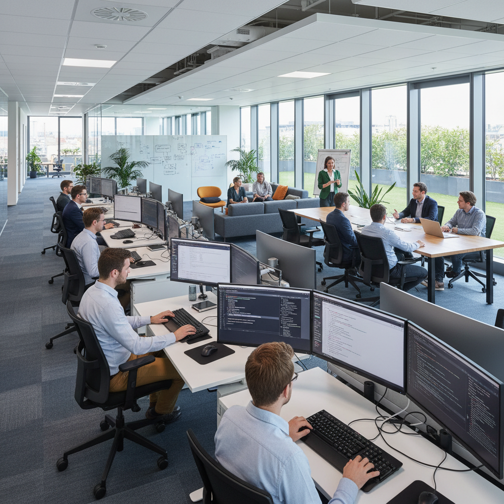 Realistic modern IT office with developers coding on large monitors, collaborative workspace, natural lighting, professional environment.