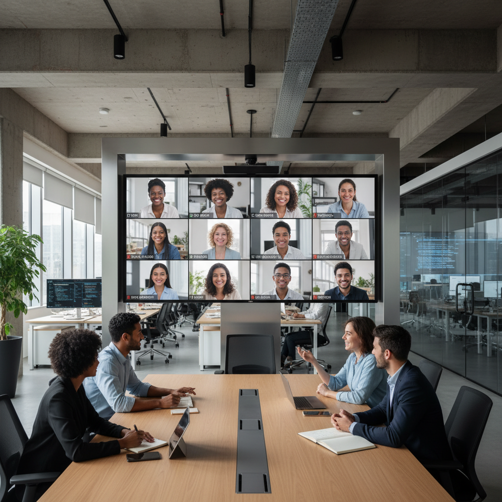 Remote team video conference on large screen in tech office