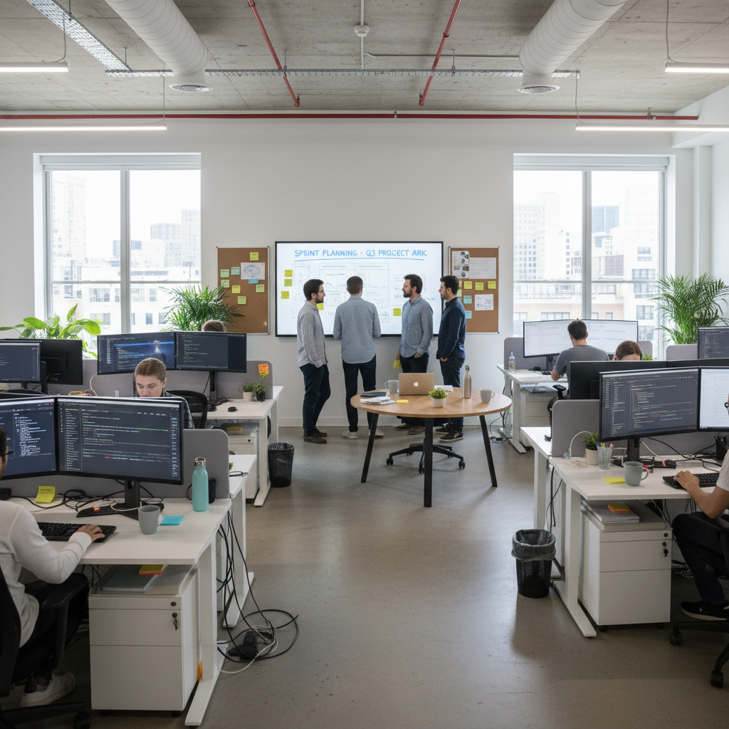 Software developers in open office, coding on multiple screens, agile meeting, project planning board, coffee mugs, modern tech workspace, clean minimal design, high resolution.