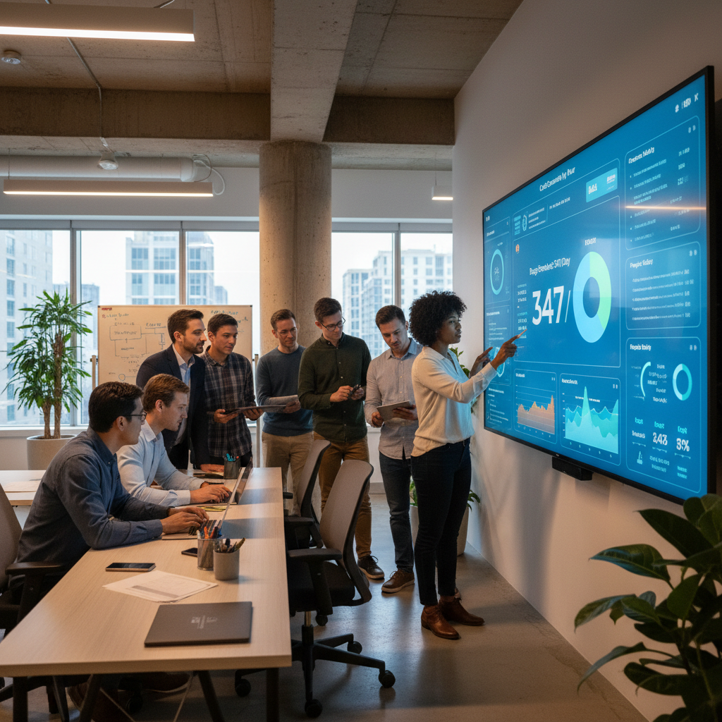 Software development team collaborating around a large digital dashboard displaying analytics, corporate office environment