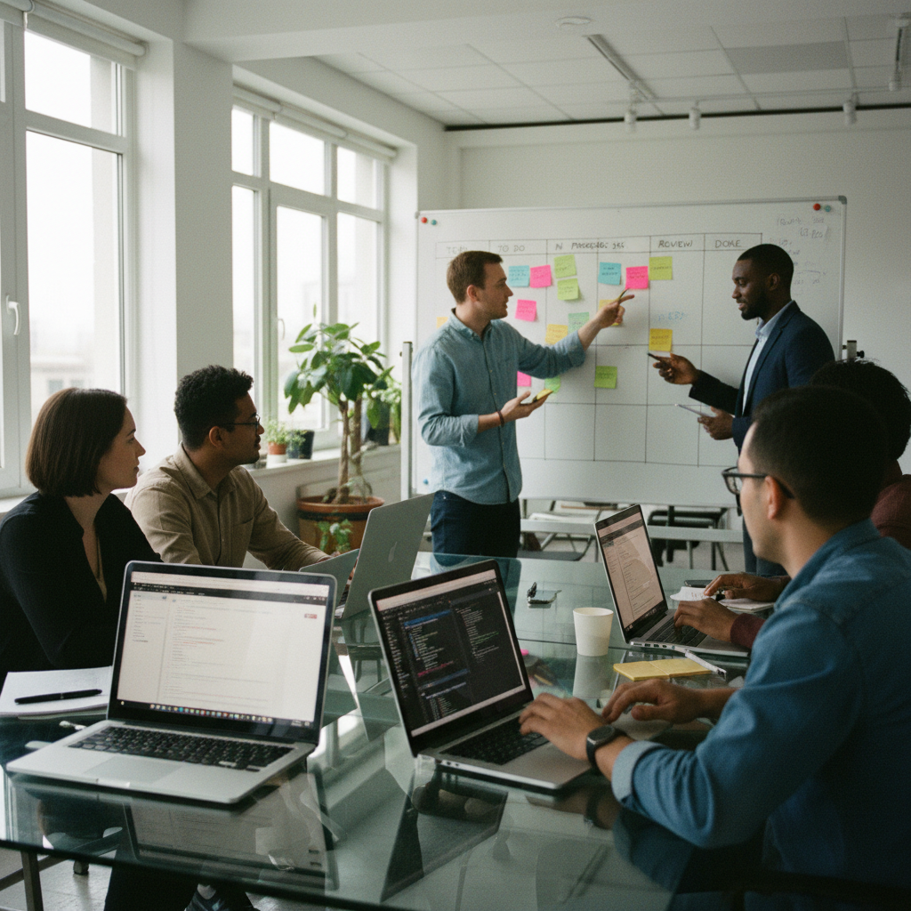 Software development team in meeting discussing sprint board, laptops open with IDE visible, natural office lighting, documentary photography style