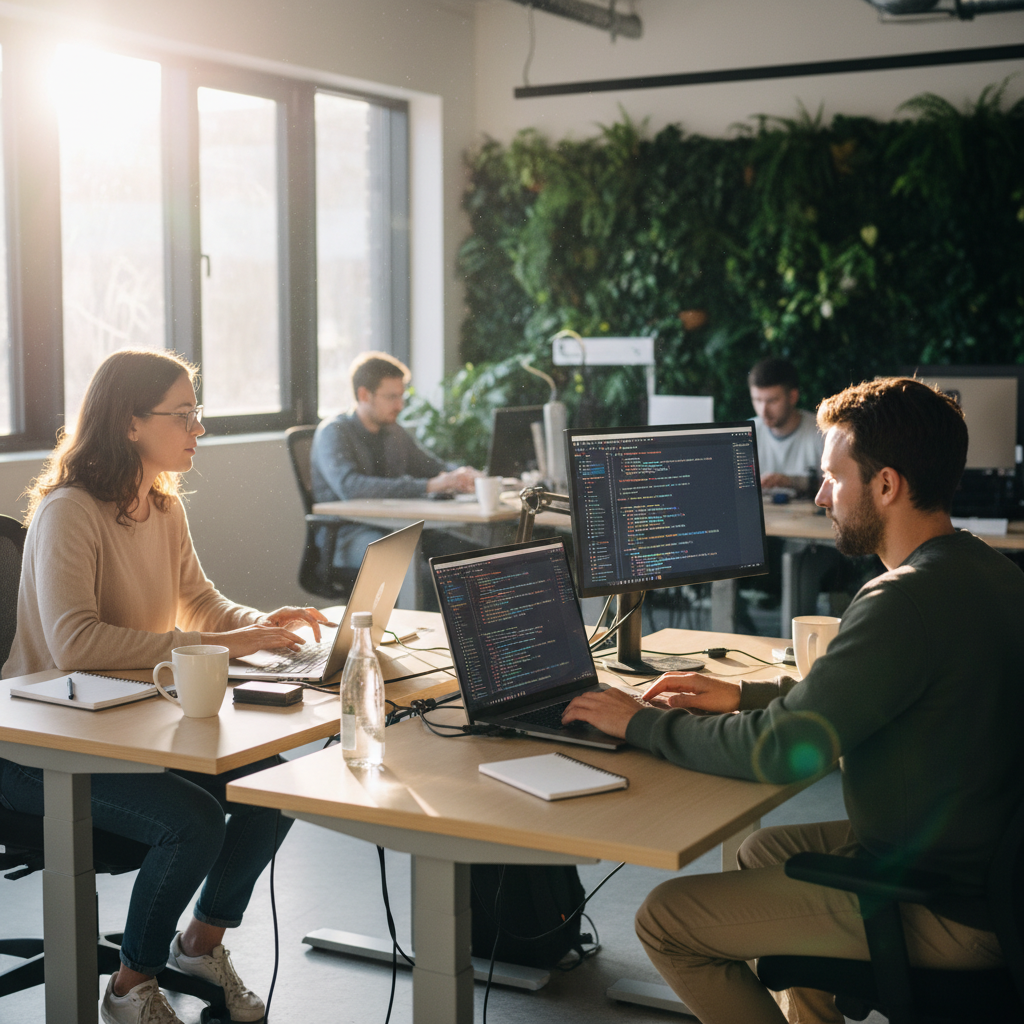 Software developers pair programming at standing desks, laptop screens with colorful code, natural lighting