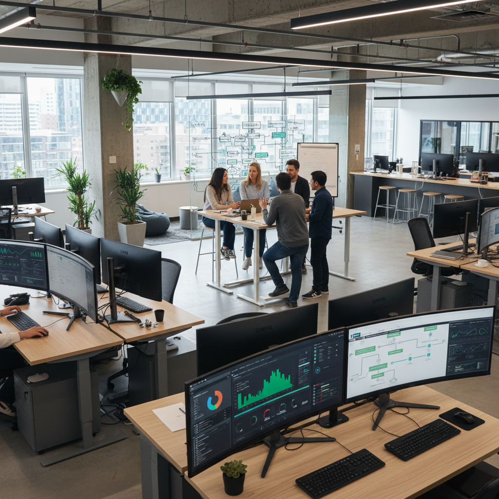 Tech startup office with developers working on AI and cloud projects, screens showing data analytics, DevOps pipelines, and microservices architecture, collaborative discussion at standing desks, whiteboard with system diagrams, contemporary workspace, bright lighting, professional tech environment, realistic style, high resolution