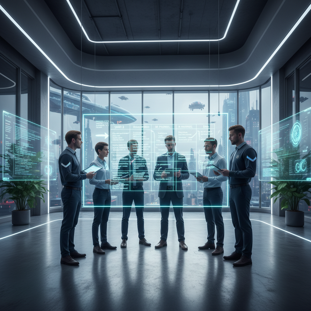 Modern IT office stand-up meeting, developers around a glass board with agile tasks, futuristic workspace, professional lighting, corporate photography.