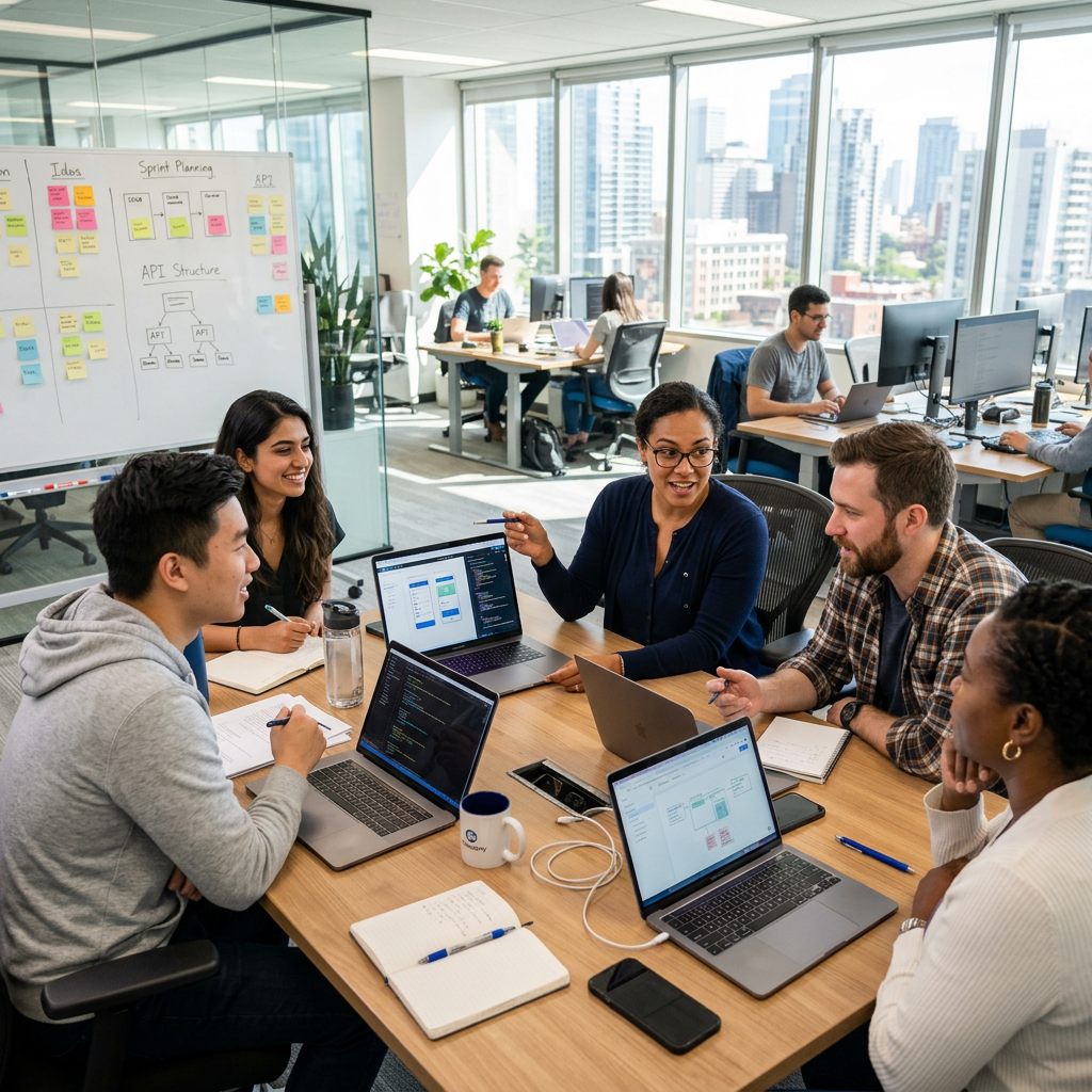 Employees working together in a modern IT office, team members discussing ideas around a desk with laptops, collaborative environment, bright workspace, professional corporate atmosphere, realistic photography