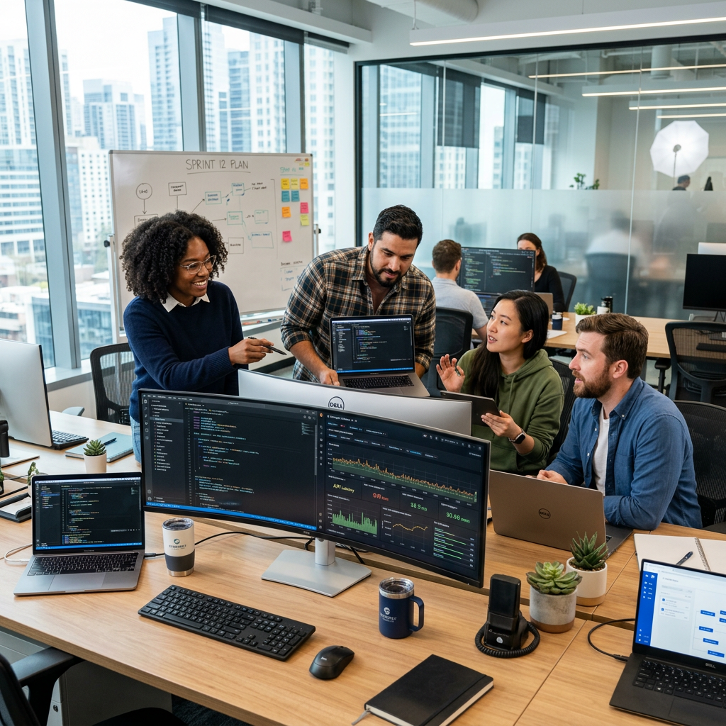 A modern IT office workspace with developers collaborating, multiple monitors showing code and analytics dashboards, diverse team discussing a project around a desk, laptops open with software development screens, bright contemporary office environment, glass walls, natural lighting, tech startup atmosphere, realistic professional setting, ultra-detailed, photorealistic, 4k