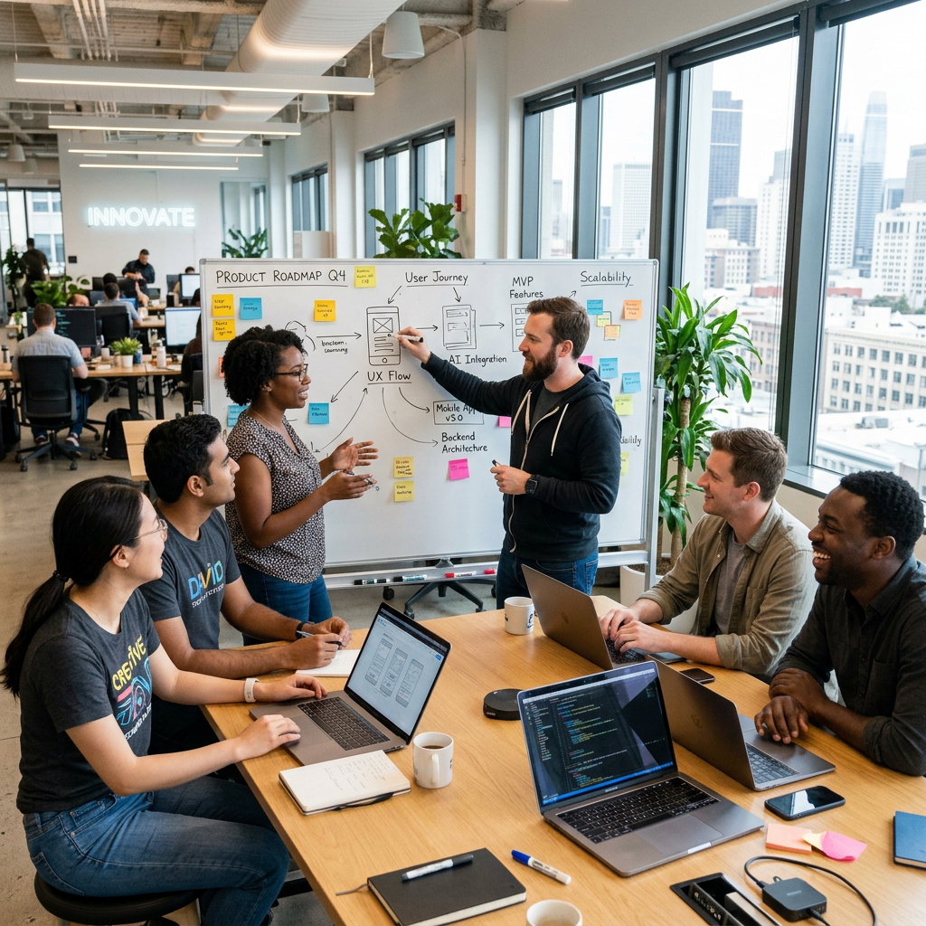 Group of IT employees brainstorming ideas on a whiteboard in a modern office, laptops open, creative discussion, startup office culture, bright and productive workspace