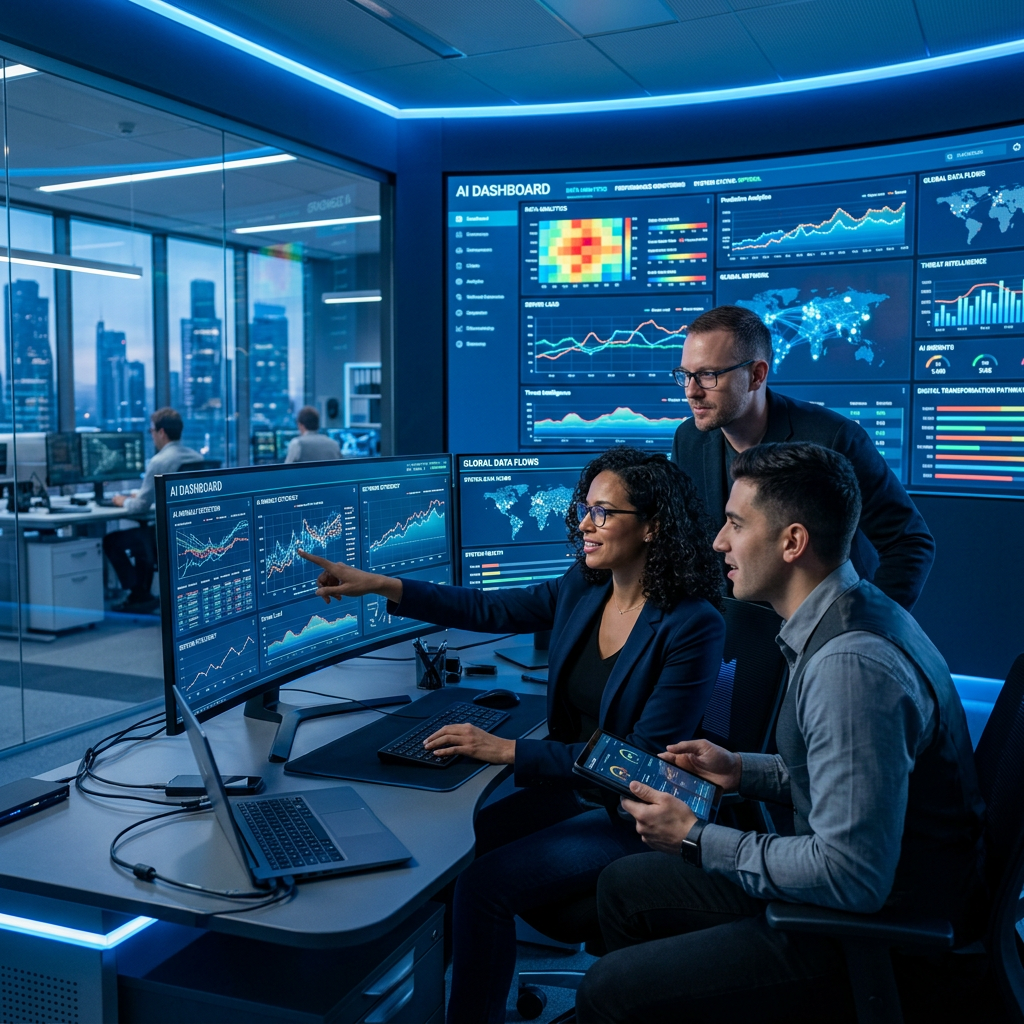 IT professionals analyzing data on large screens, AI dashboards, graphs and analytics visuals, futuristic office, blue-toned lighting, digital transformation concept, clean and modern environment