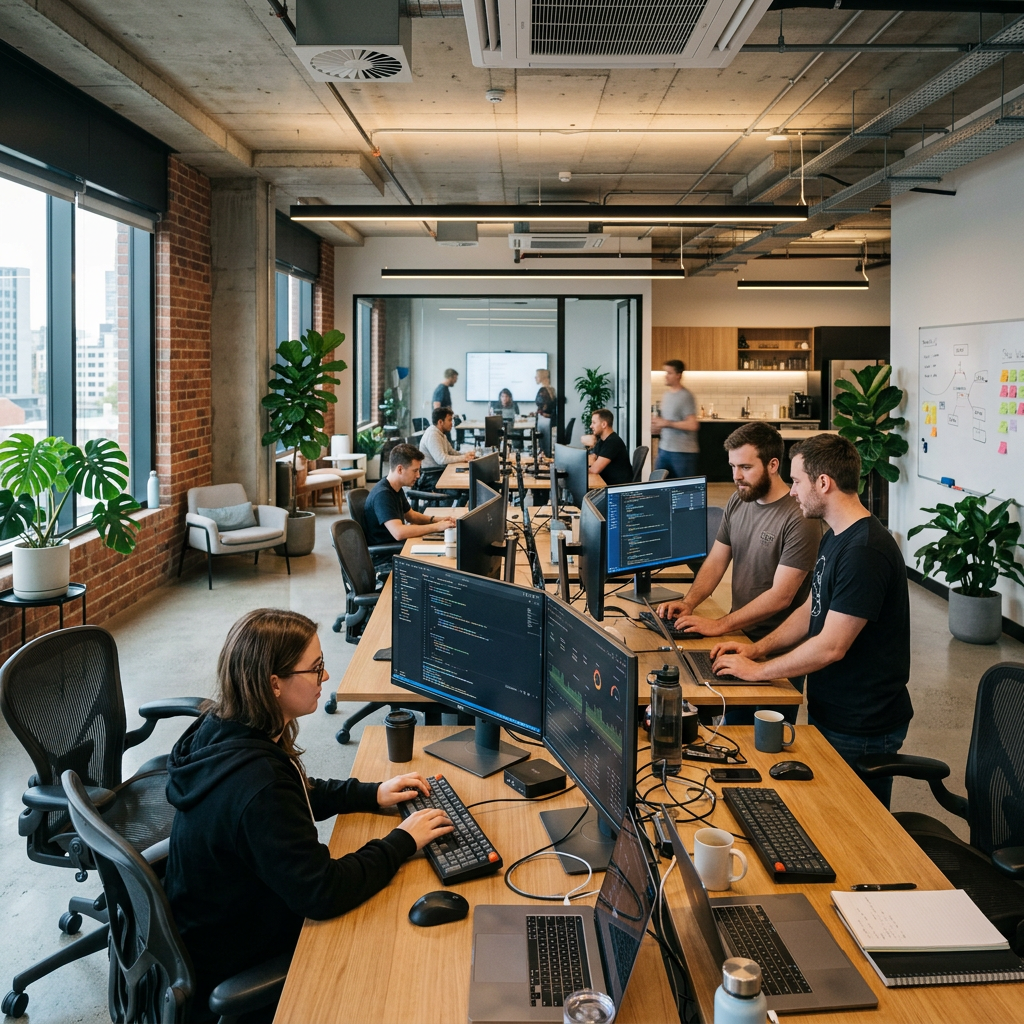 Realistic IT development team working in an open office workspace, programmers coding on large monitors displaying software code and analytics dashboards, tech startup environment, ergonomic chairs, standing desks, modern interior design, soft ambient lighting, ultra realistic, high detail, 4K corporate photography style