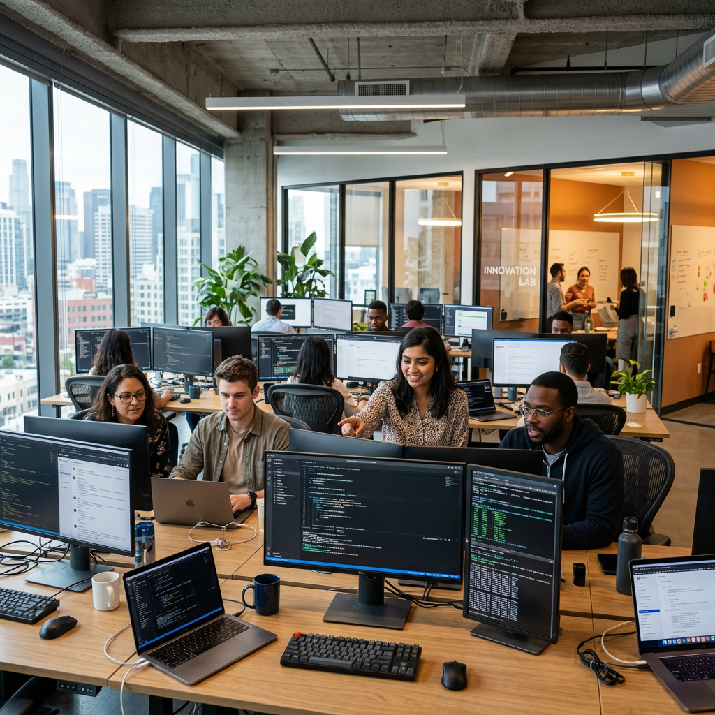 Cinematic modern IT office environment, diverse software engineers collaborating at desks with multiple monitors, large screens showing code and data dashboards, glass meeting rooms, natural daylight through large windows, minimalist tech workspace, modern startup atmosphere, ultra-realistic, 4K, shallow depth of field, professional corporate environment