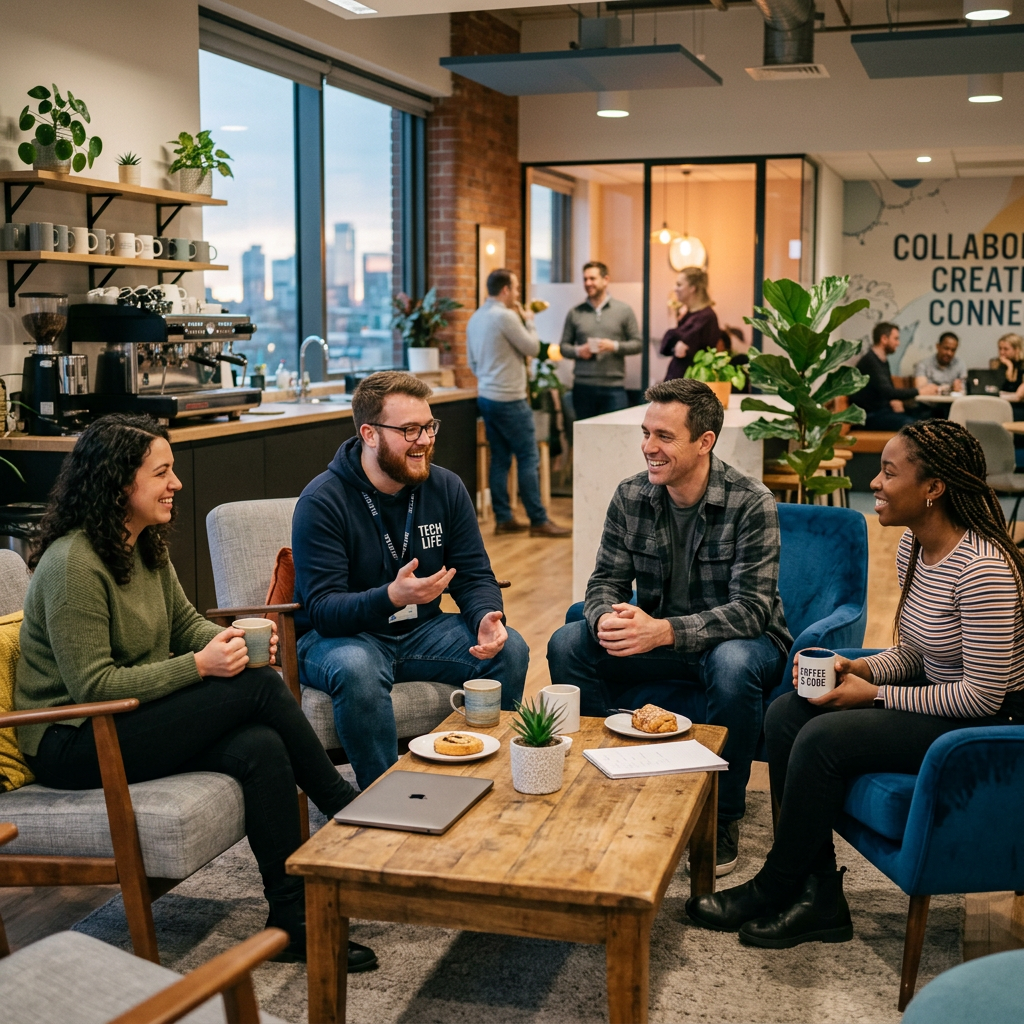 IT team members having a coffee break discussion in an office lounge area, relaxed work environment, modern office interior, friendly corporate culture