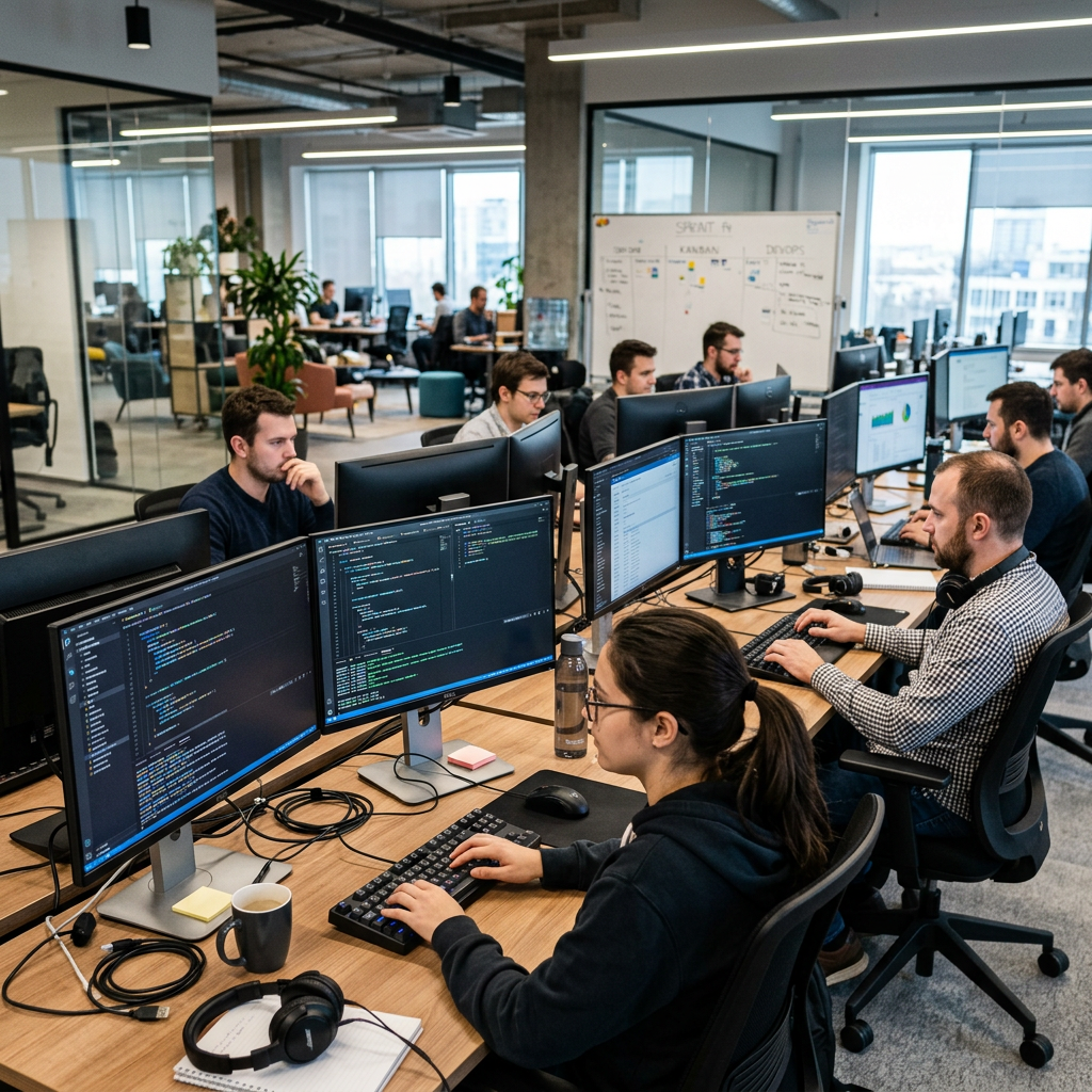 Software developers working at their desks with multiple monitors, coding on screens, modern IT office setup, focused and productive atmosphere
