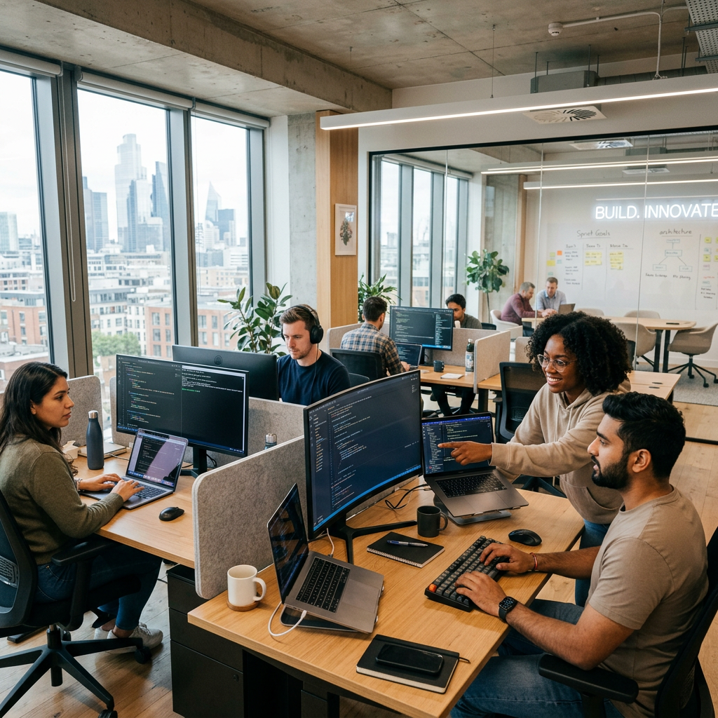 Modern IT office workspace with diverse team of software developers working on laptops, multiple screens showing code, collaborative environment, natural lighting, minimalistic setup, tech startup vibe, high detail, realistic, 4k