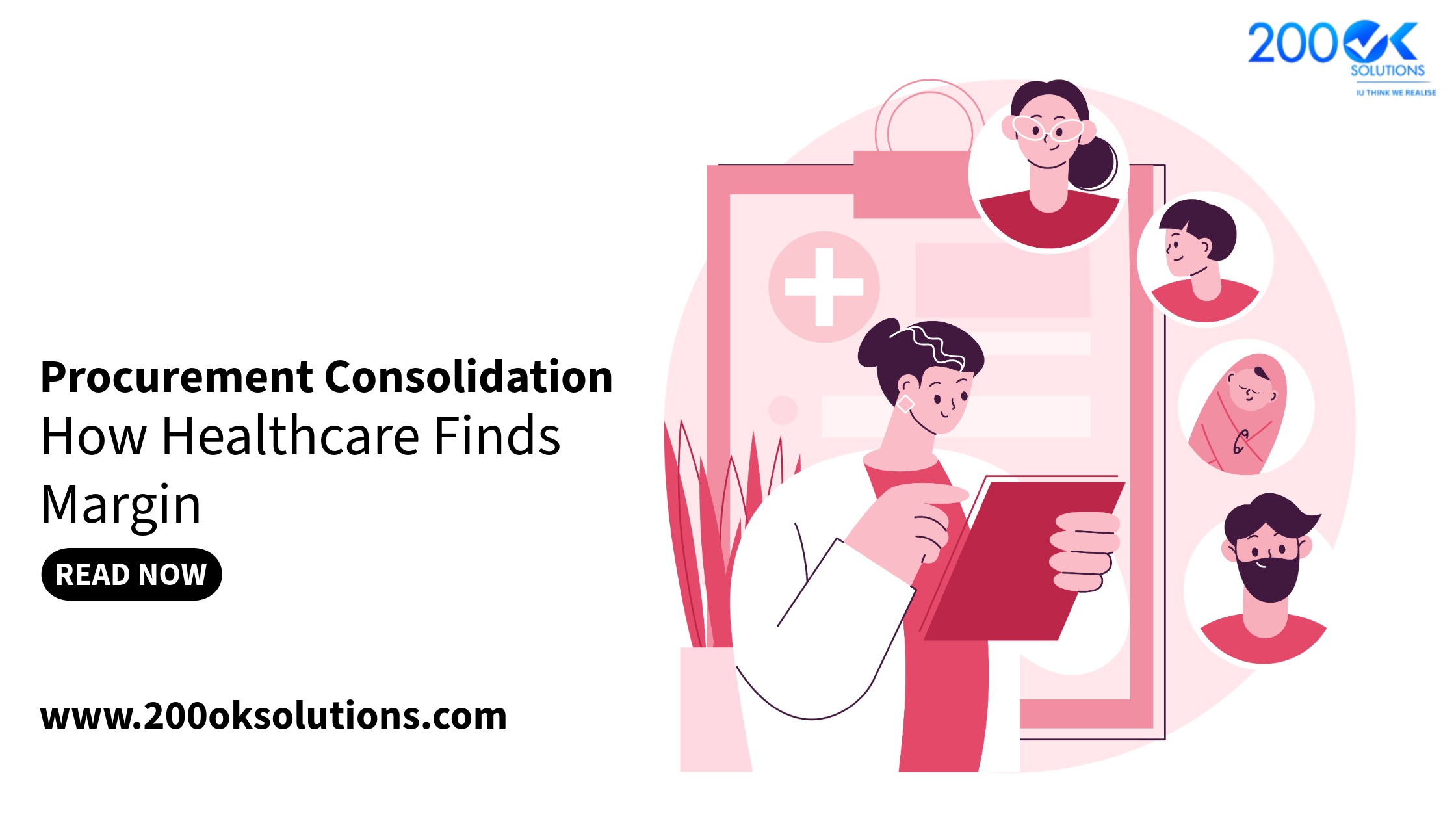 Procurement consolidation in healthcare illustration showing a medical professional using a tablet with patient profiles, highlighting cost optimization and margin improvement by 200OK Solutions