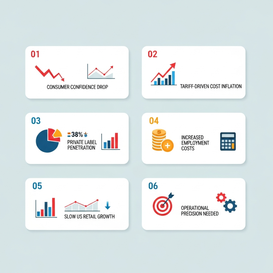 Infographic showing six factors impacting retail margins in 2026: consumer confidence drop, tariff-driven cost inflation, 38% private label penetration, increased employment costs, slow US retail growth, and the need for operational precision.