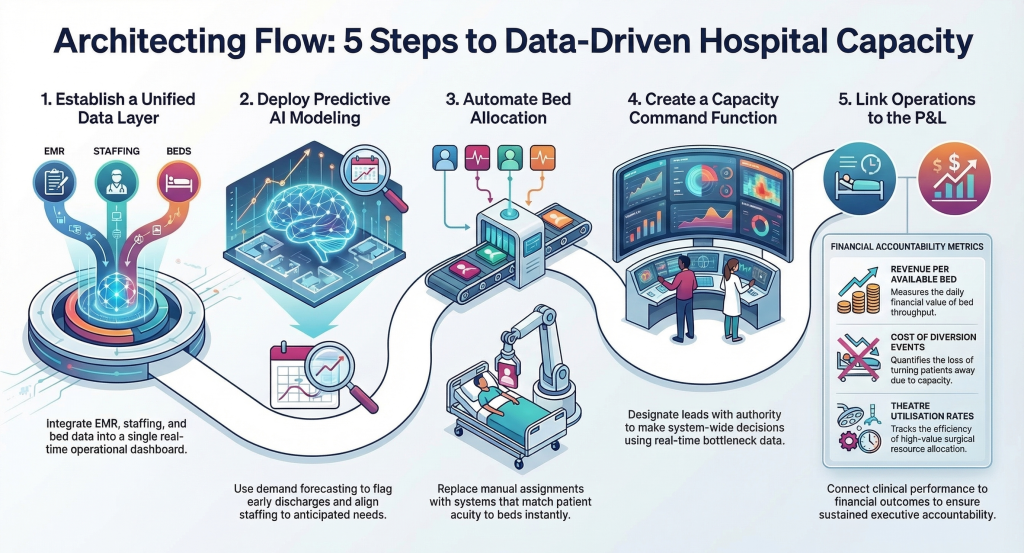 Data-driven hospital capacity management workflow showing 5 steps: unified data layer, predictive AI modeling, bed allocation automation, command center, and financial linkage