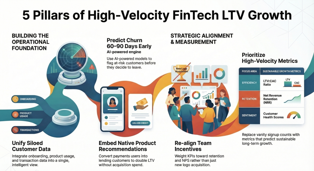 5 pillars of high-velocity fintech LTV growth including churn prediction, customer data unification, and retention metrics