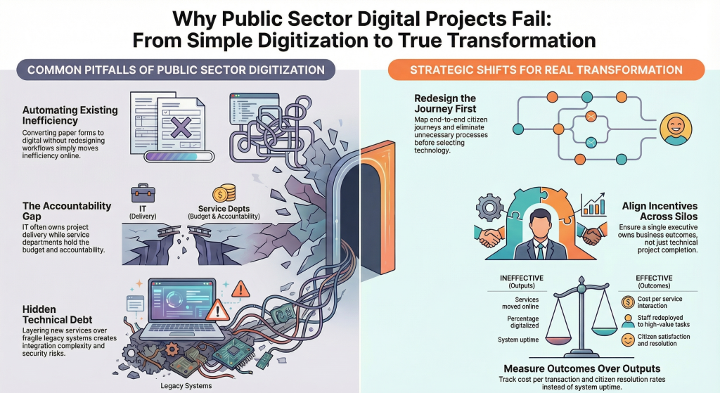 Infographic: Why Public Sector Digital Projects Fail – From Simple Digitization to True Transformation. Common pitfalls include automating existing inefficiency, the accountability gap between IT and service departments, and hidden technical debt from legacy systems. Strategic shifts for success: redesign the citizen journey first, align incentives across silos, and measure outcomes over outputs like cost per service and citizen satisfaction.