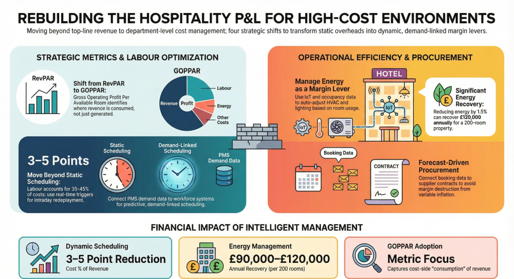 Rebuilding hospitality P&L for high-cost environments infographic showing GOPPAR, labour optimization, energy management, and procurement strategies