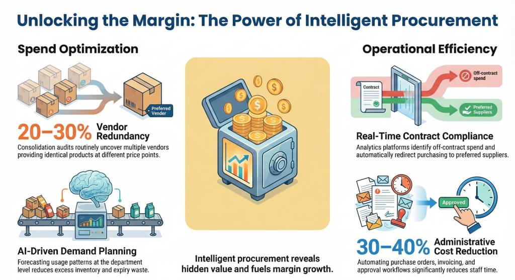 Infographic on intelligent procurement in healthcare showing spend optimization and operational efficiency, highlighting 20–30% vendor redundancy reduction, AI-driven demand planning, real-time contract compliance, and 30–40% administrative cost savings