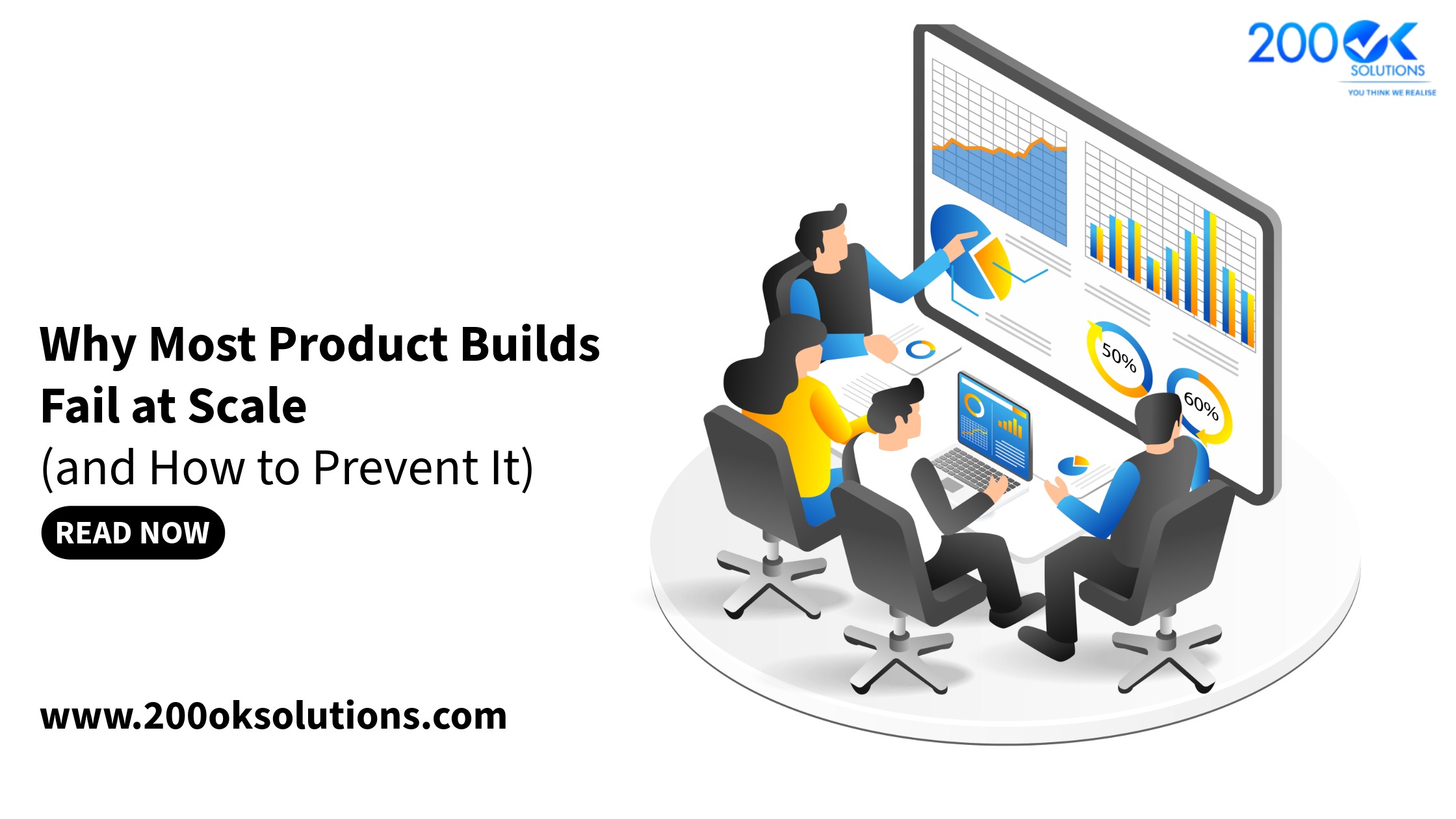 Why most product builds fail at scale illustration showing team analyzing dashboards and data charts