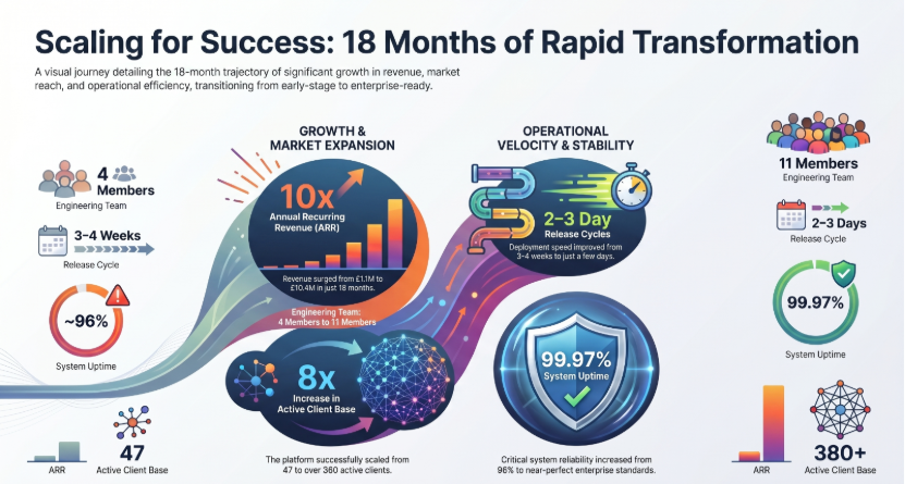 from Scaling for success infographic showing 18-month business transformation with 10x ARR growth, 8x client increase, faster 2–3 day release cycles, and 99.97% system uptime