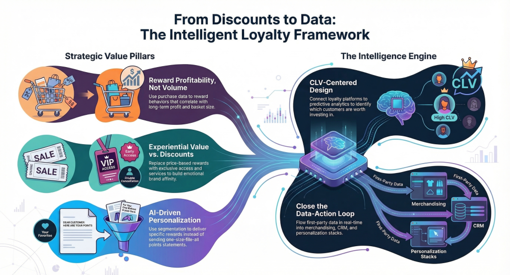 Intelligent loyalty framework showing shift from discounts to data-driven customer lifetime value strategy