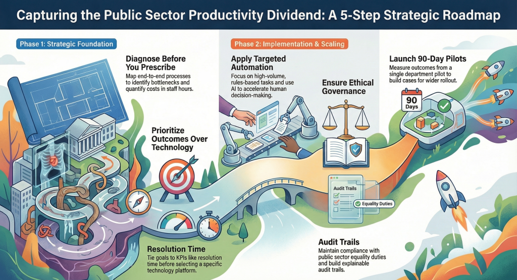 Public sector productivity roadmap infographic showing a 5-step strategy including process diagnosis, outcome prioritization, automation, ethical governance, audit trails, and 90-day pilot programs.